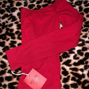 Off the shoulder red ribbed top